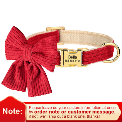 Personalized Collar With Large Bow, Pet Identification Tag, Free Engraving