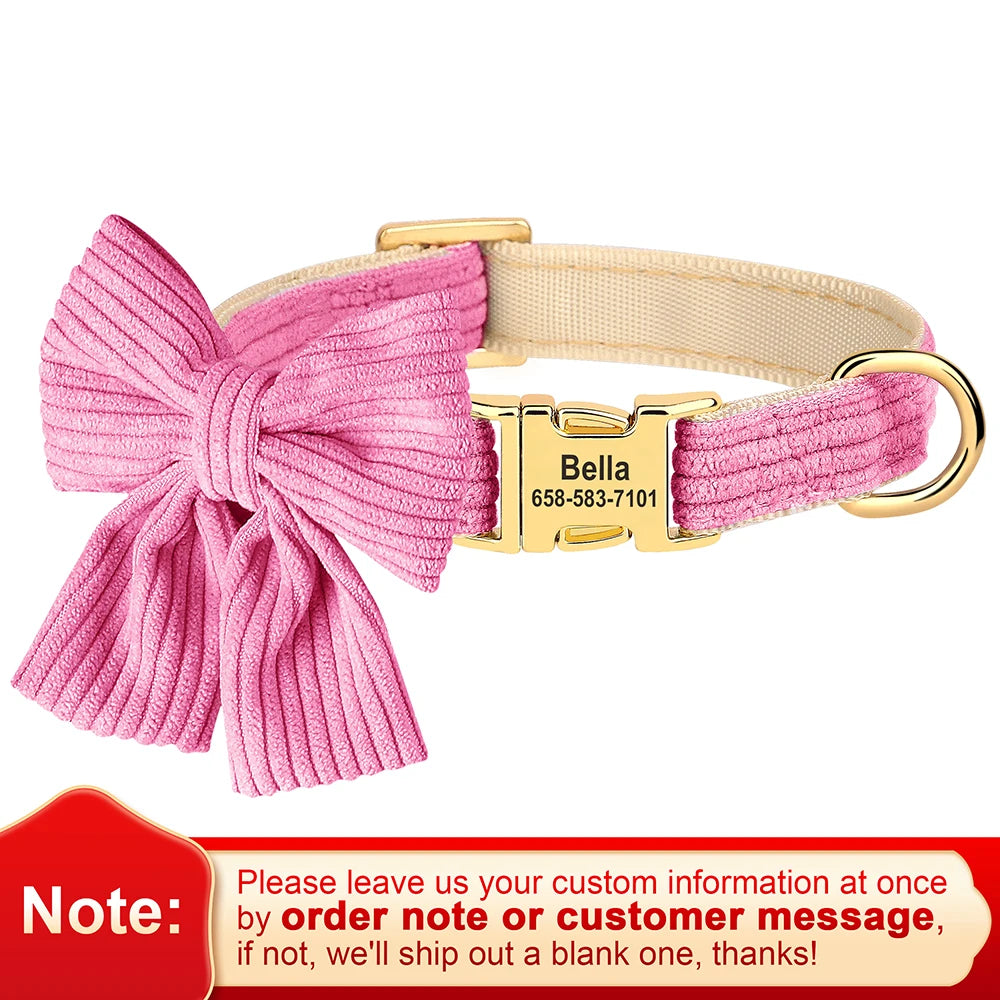 Personalized Collar With Large Bow, Pet Identification Tag, Free Engraving