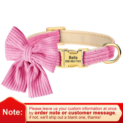 Personalized Collar With Large Bow, Pet Identification Tag, Free Engraving