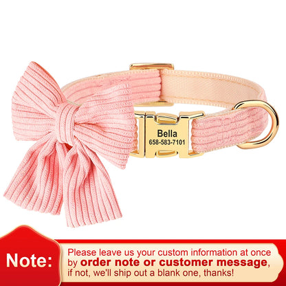 Personalized Collar With Large Bow, Pet Identification Tag, Free Engraving