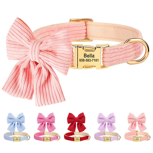 Personalized Collar With Large Bow, Pet Identification Tag, Free Engraving