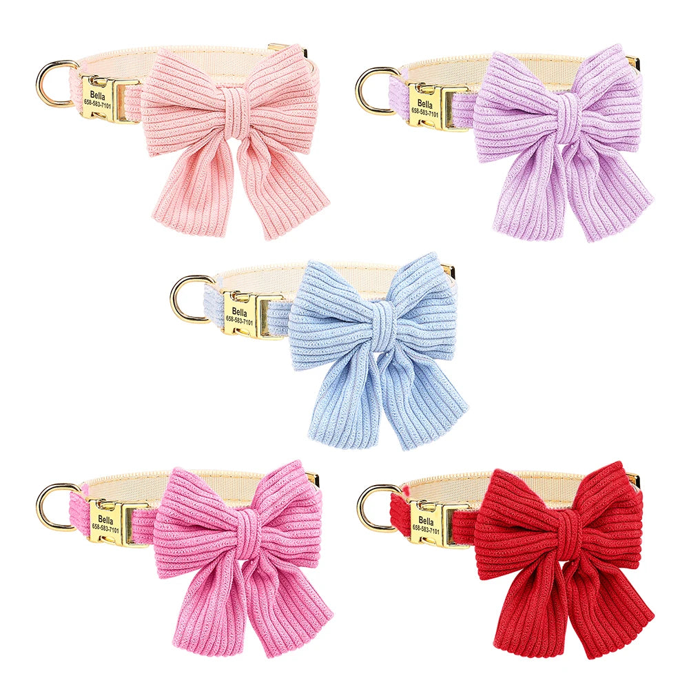 Personalized Collar With Large Bow, Pet Identification Tag, Free Engraving