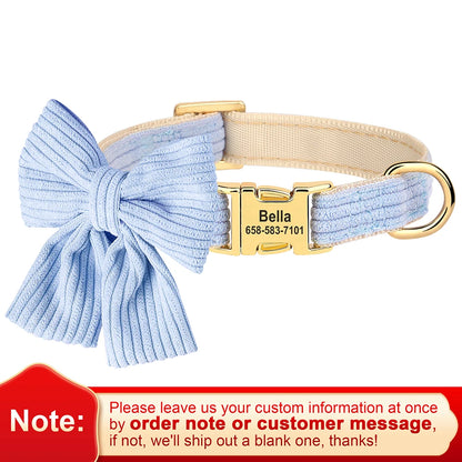 Personalized Collar With Large Bow, Pet Identification Tag, Free Engraving