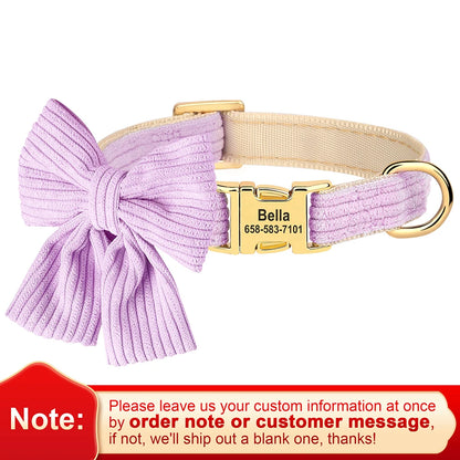 Personalized Collar With Large Bow, Pet Identification Tag, Free Engraving